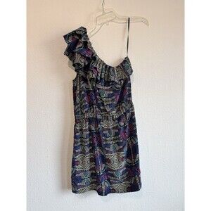 Postella Women's Blue Black Purple Geometric Silk One Shoulder Dress Ruffle L